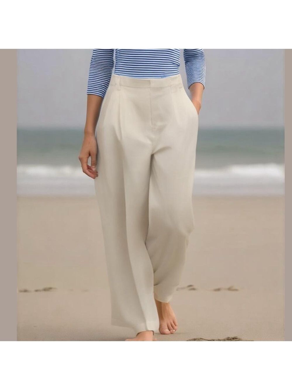 90s ELLEN TRACY LINEN OFF WHITE PREPPY FULLY LINED PLEAT FRONT TROUSERS SZ 14